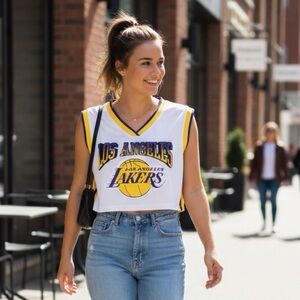 Los Angeles Lakers White/Yellow Detail Women's Cropped Fashion Jersey Top Size M